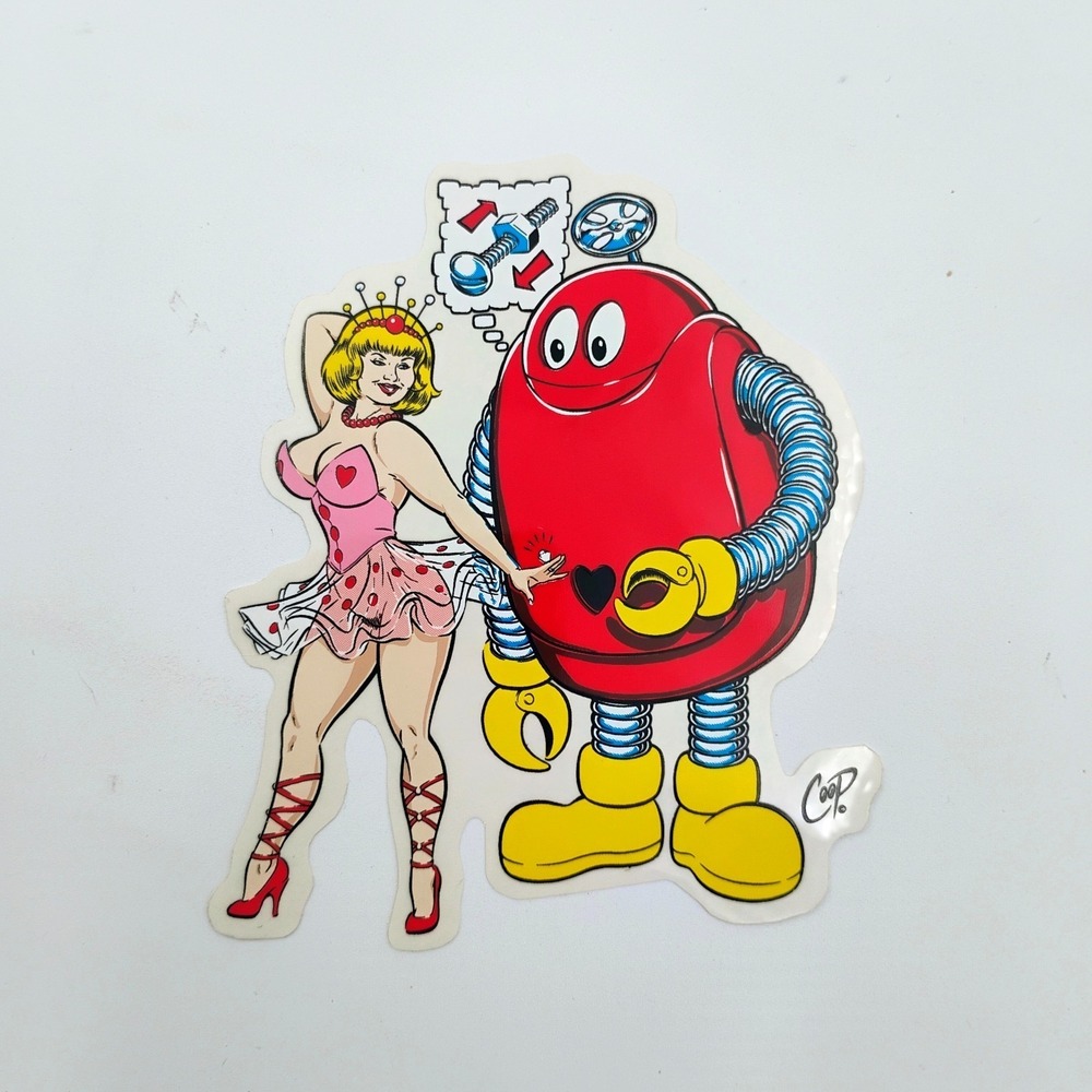 Coop Art Vintage Pinup Girl & Red Robot Decal Sticker Lowbrow Retro Pop Art NOS